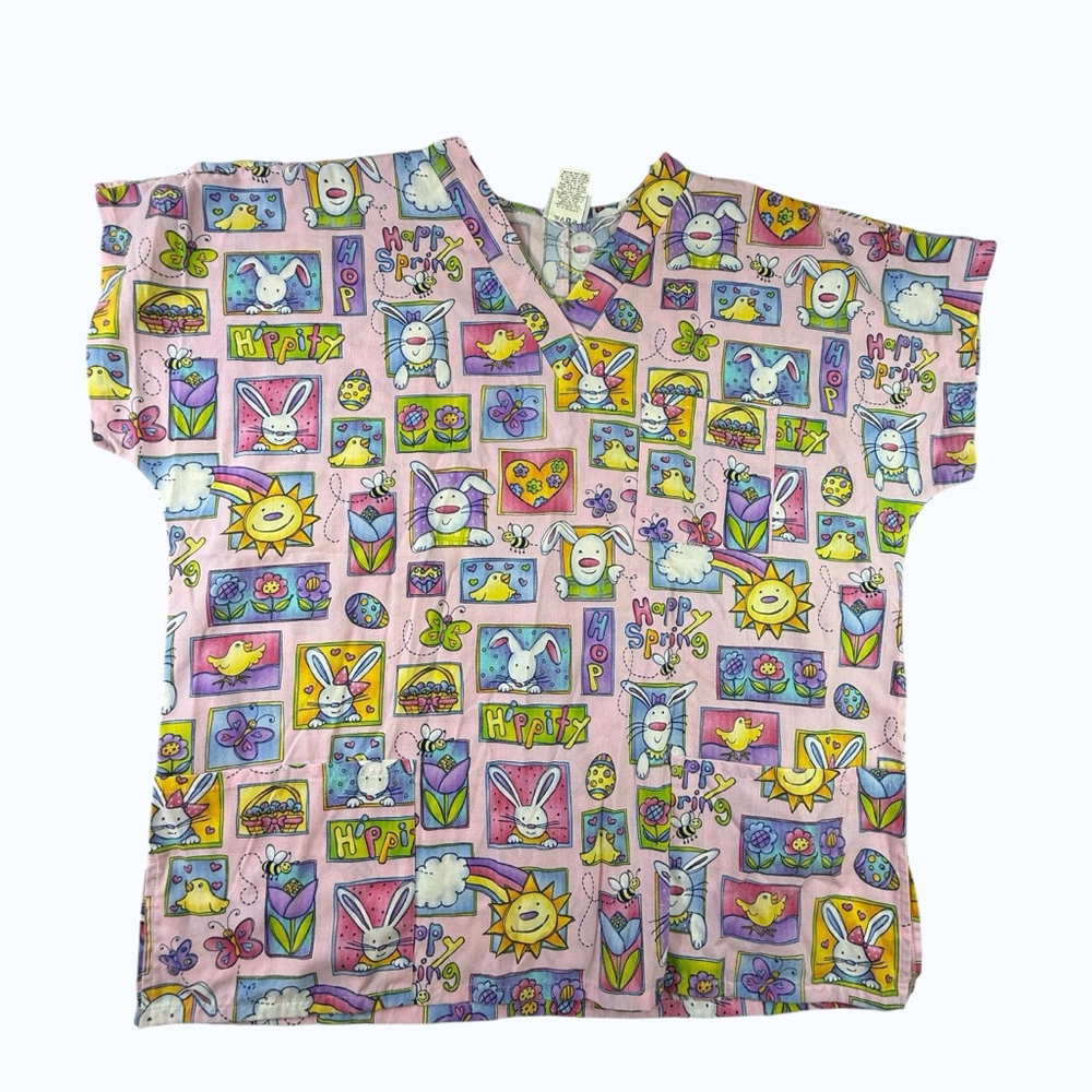 Simply Basic Scrub Top XL Easter Bunny Chick Happy Spring Nurse Medical Cute